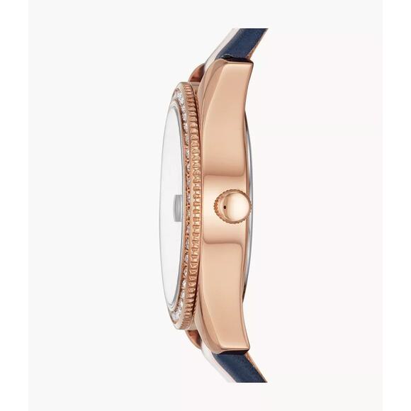 NWT Fossil ES4595 Scarlette Mini Three-Hand Date Striped Navy Leather Watch - Picture 3 of 5